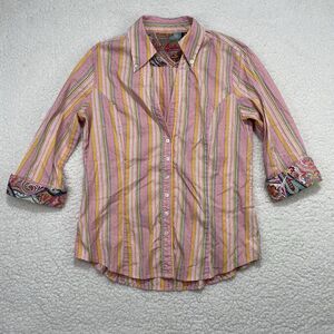Robert Graham Womens Medium Pink Stripe Flip Cuff ¾ Sleeve Button Up Blouse